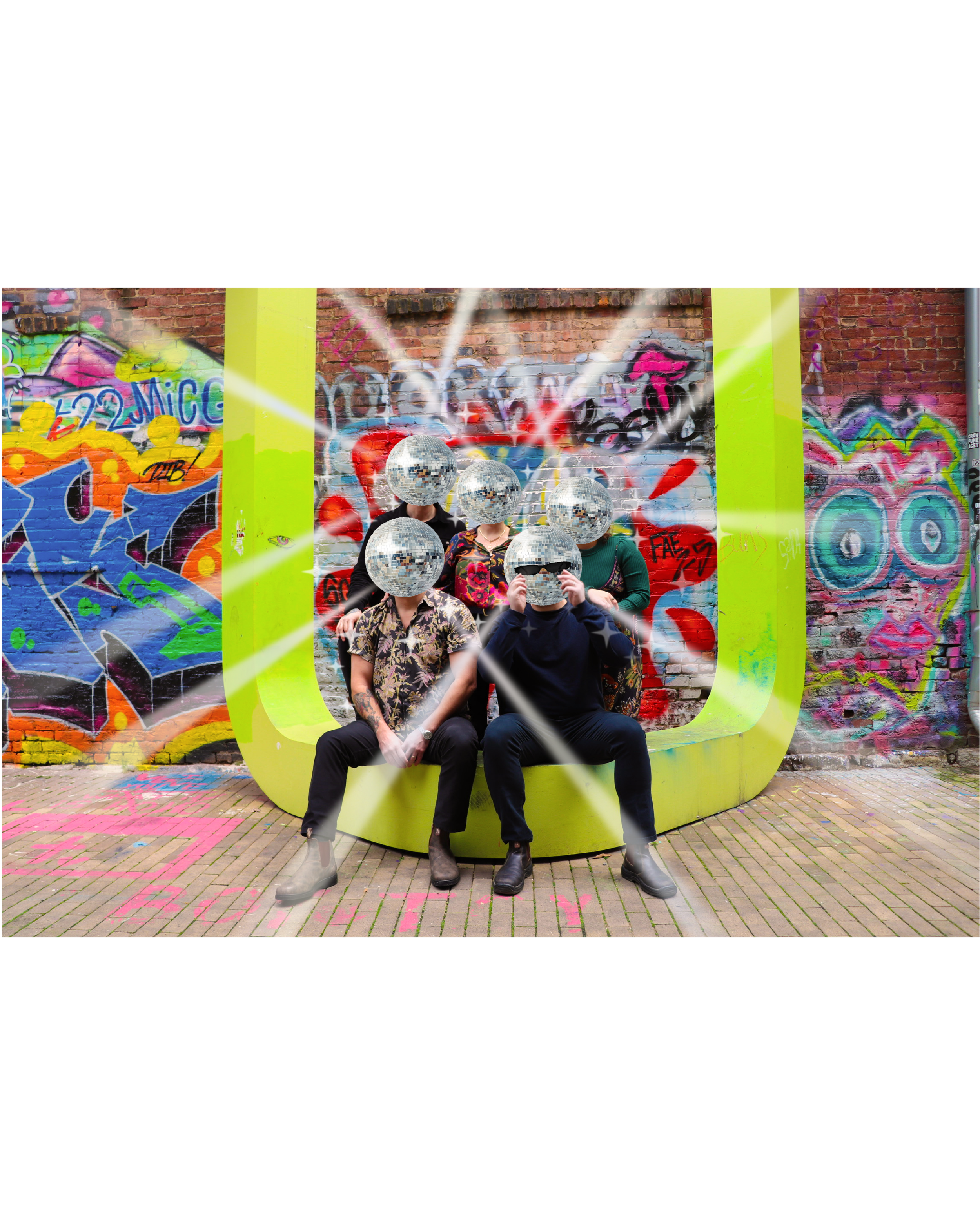 Image of 5 people with disco balls for heads.