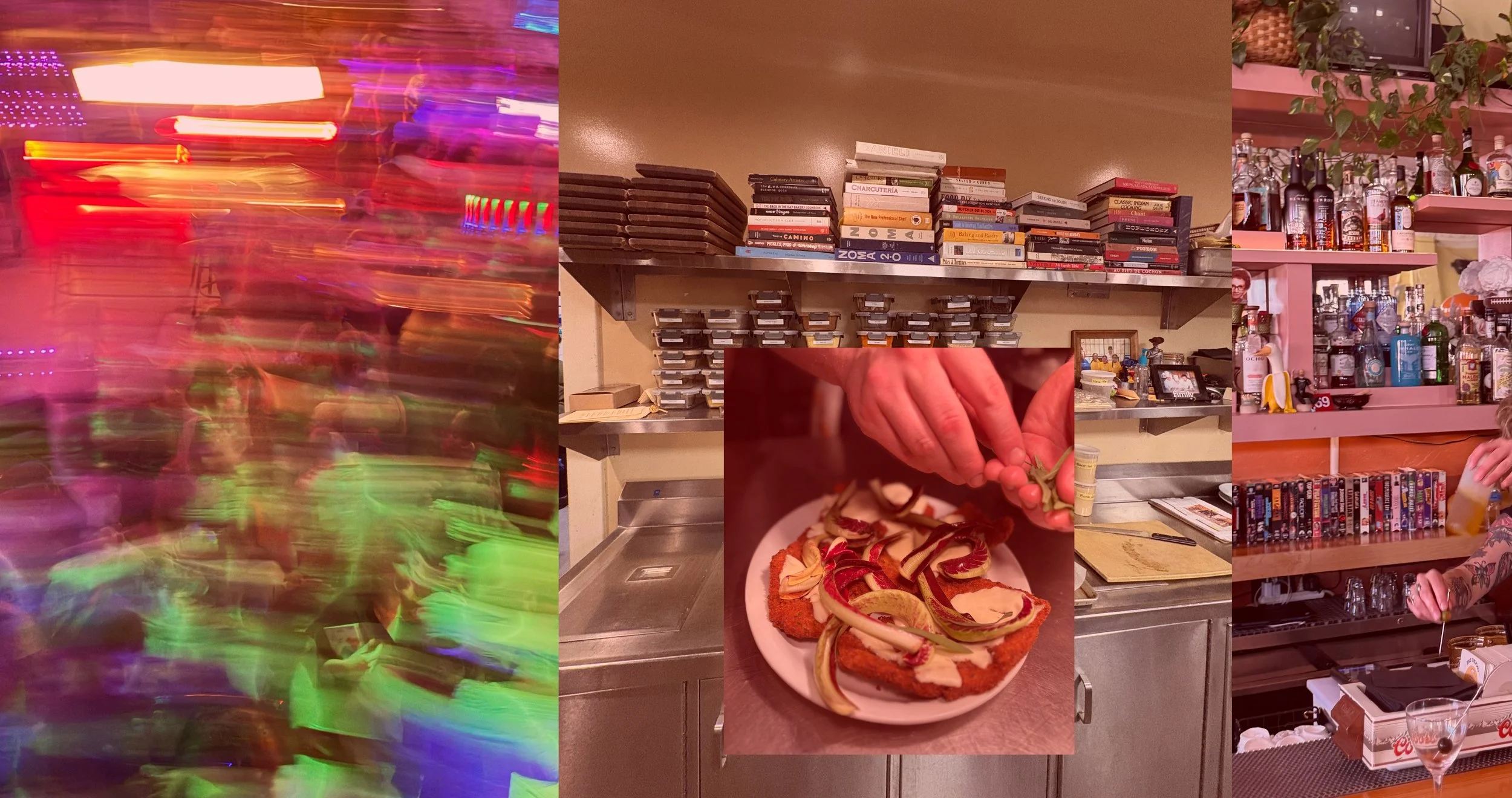 A collage of several scenes: the left side shows colorful, blurry lights in a nightlife setting; the middle features shelves with books and containers in a home or store; a person's hand is seen preparing a vegetable dish on a plate; and the right si