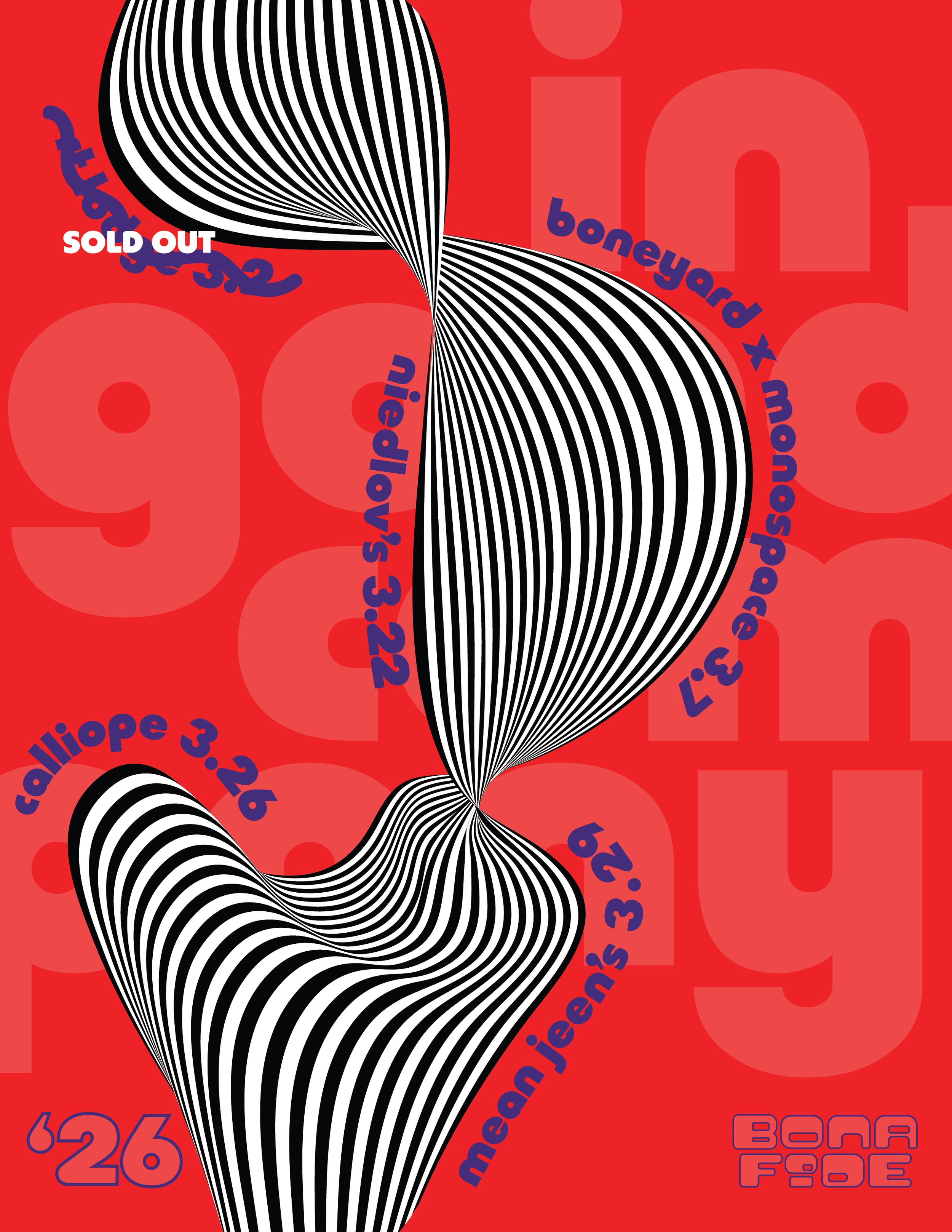 The poster lists the following March events: March 2 at RT Lodge, March 7 at Boneyard x Monospace, March 22 at Niedlov's, March 26 at Calliope, March 29 at Mean Jean's.