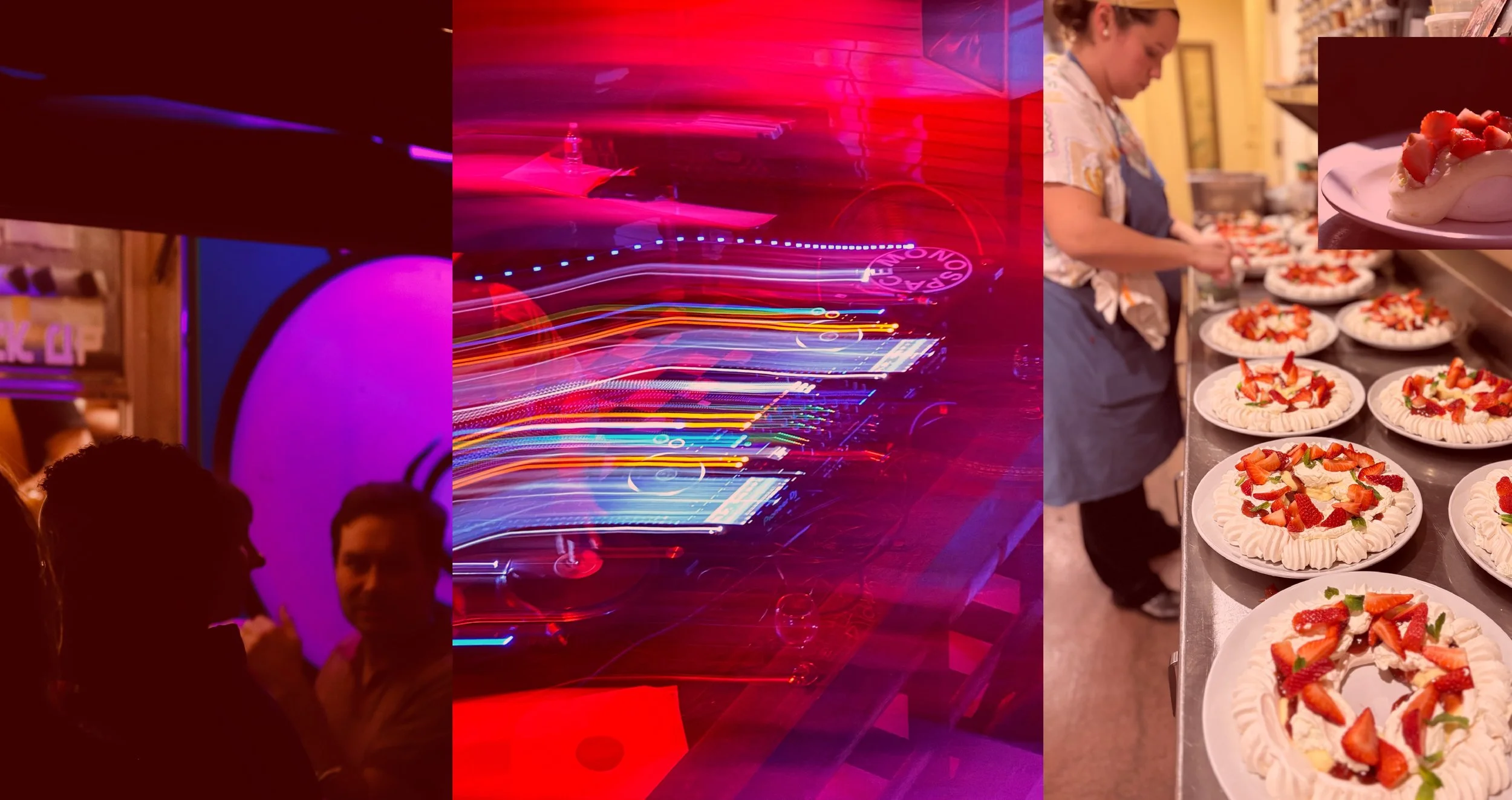 A collage of three images: on the left, two people are talking under pink and purple lights; in the middle, colorful blurred lights creating a dynamic pattern; on the right, a woman preparing strawberry-topped cream pies in a kitchen.