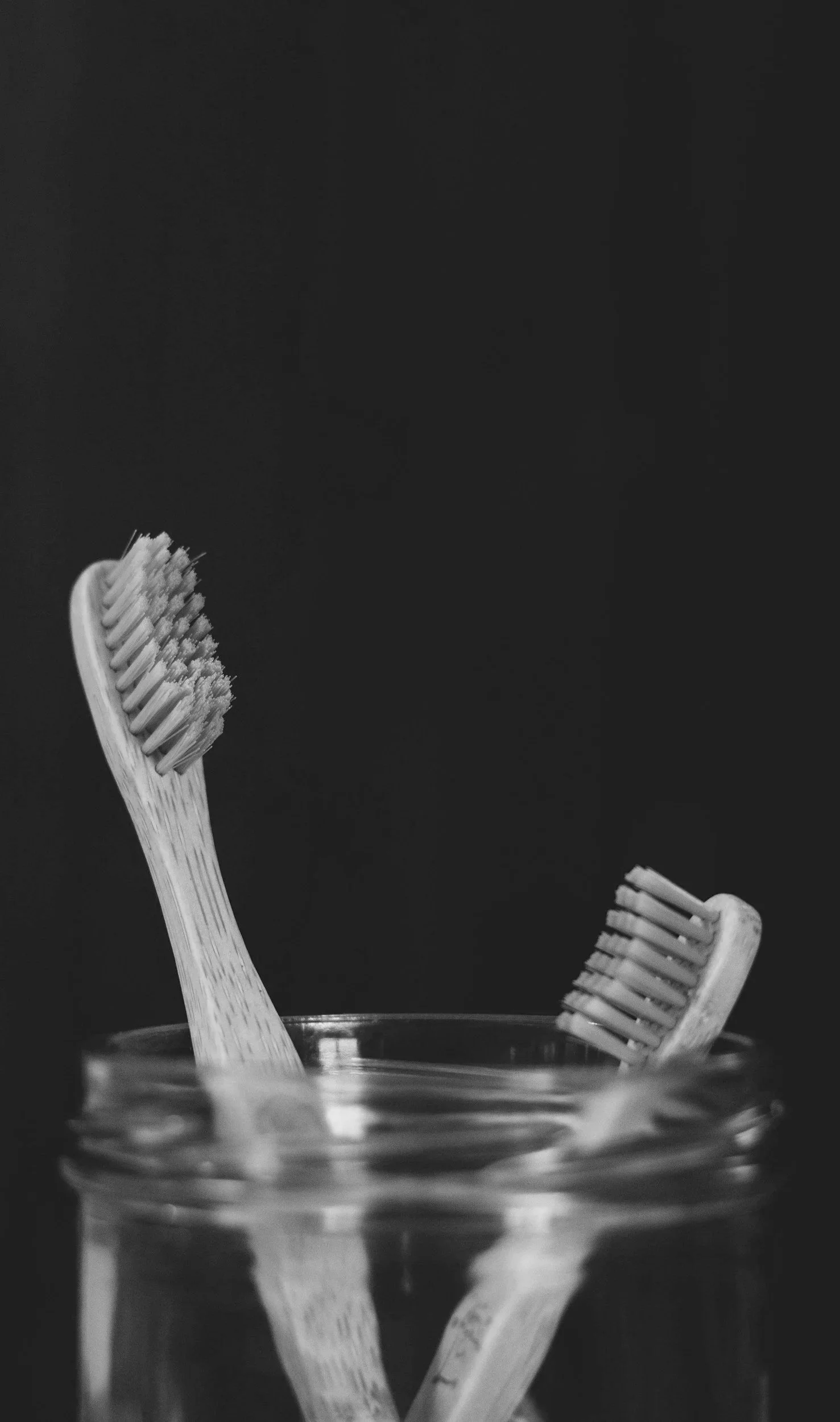 Two toothbrushes placed in a glass jar, with a black background.