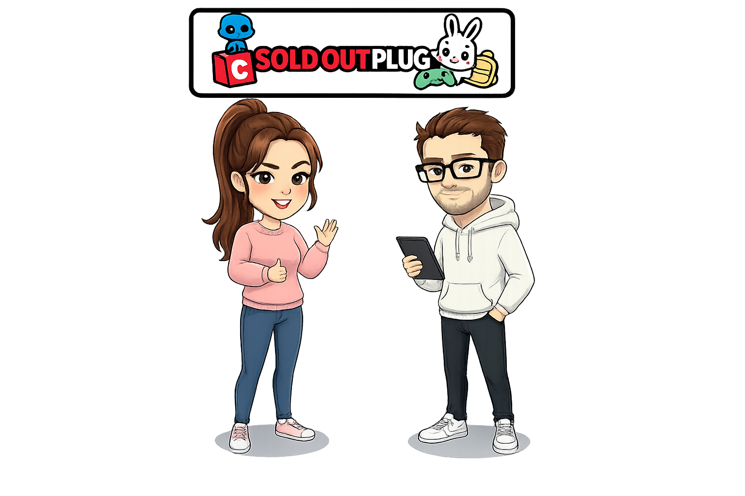 Two cartoon characters, a woman with brown hair in a pink sweater and jeans giving a thumbs up, and a man with glasses in a white hoodie holding a phone, standing in front of a store with a sign that reads 'Sold Out Plug' featuring animated characters.