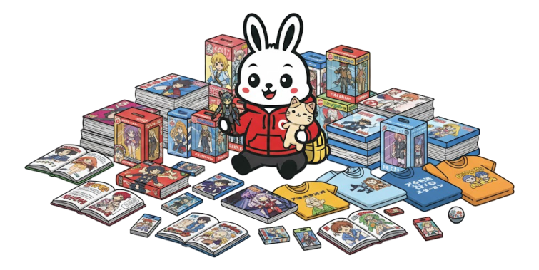 Collection of manga and anime merchandise, including books, figures, and clothing, with a large cartoon bunny character in the center holding a cat.