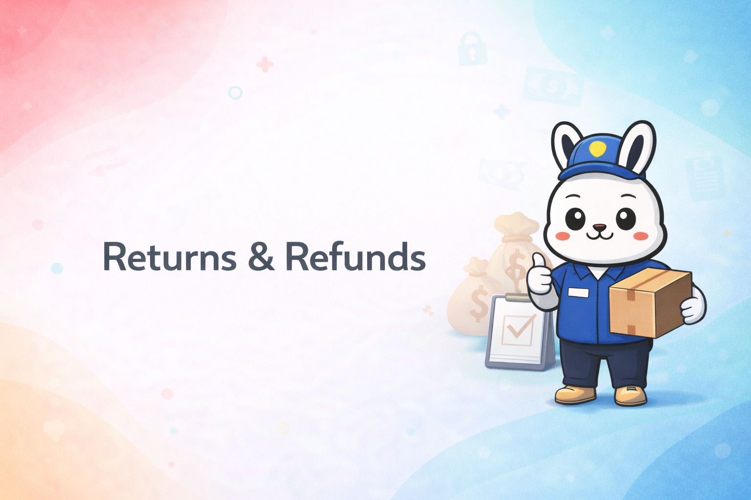 A cartoon bunny dressed as a mail carrier holding a box, with a clipboard and money bags in the background, with text that reads 'Returns & Refunds'.