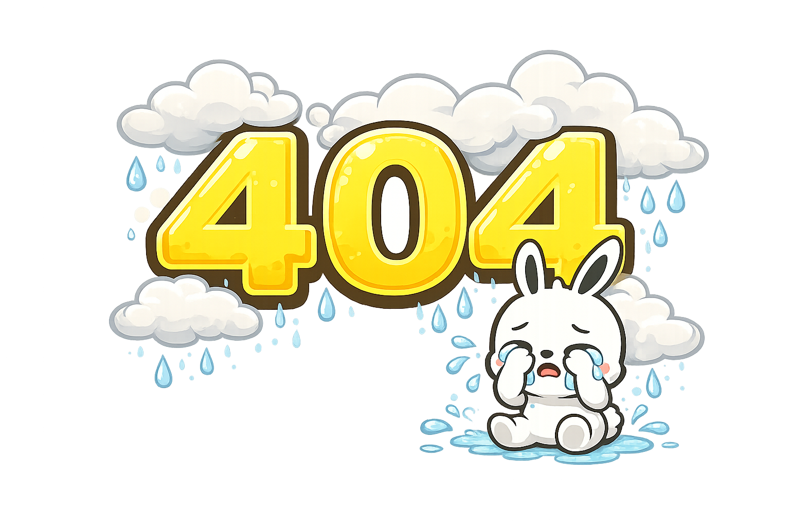 A cartoon image displaying the number 404 in large yellow font surrounded by clouds and raindrops. A sad crying bunny is sitting on the ground next to the number, with tears streaming down its face.
