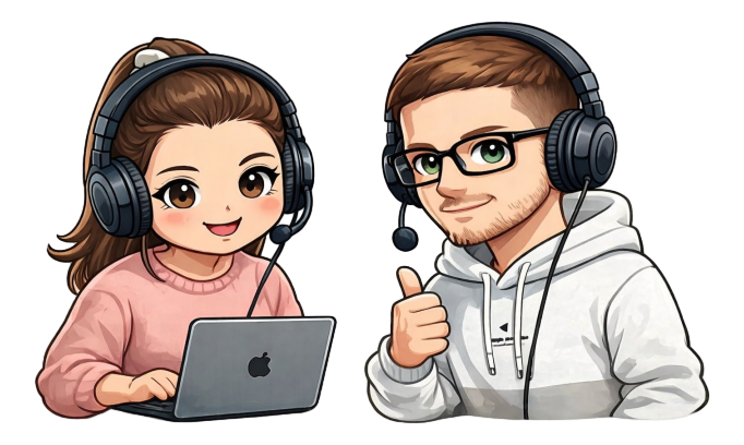 Cartoon illustration of a girl and a man wearing headsets with microphones, sitting together in front of a laptop, smiling, with black background.