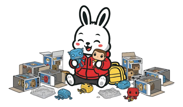 A collection of Funko Pop! figures and merchandise featuring characters in front of a large cartoon bunny with a cheerful expression, surrounded by boxes and various figures.