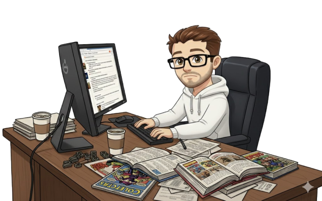 Cartoon man with glasses and facial hair working at a cluttered desk with a computer, books, papers, comic books, and two cups of coffee.