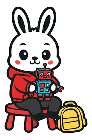 Cute bunny wearing a red hoodie, sitting on a red stool, holding a toy robot, with a yellow backpack beside it.