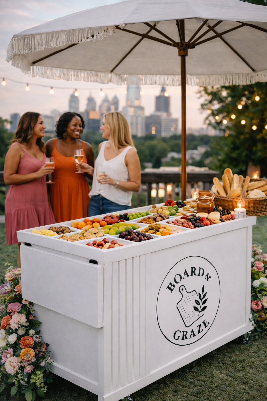 Three women at an outdoor gathering with a cheese and fruit platter under a large white umbrella, with city skyscrapers in the background.charcuterie served