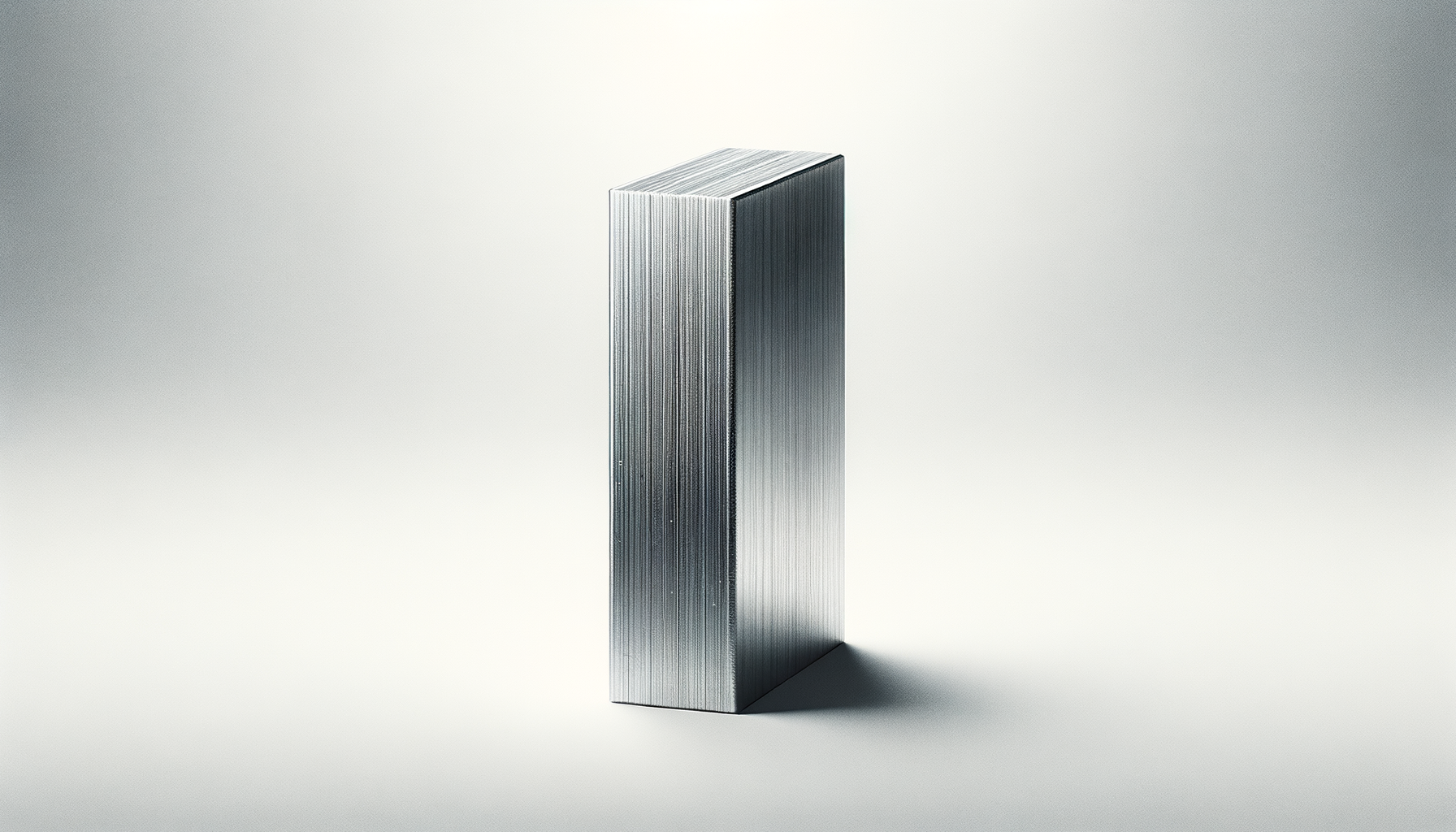 A tall, rectangular metallic object with a brushed texture, standing upright on a light gray surface, with a gradient background transitioning from white to gray.
