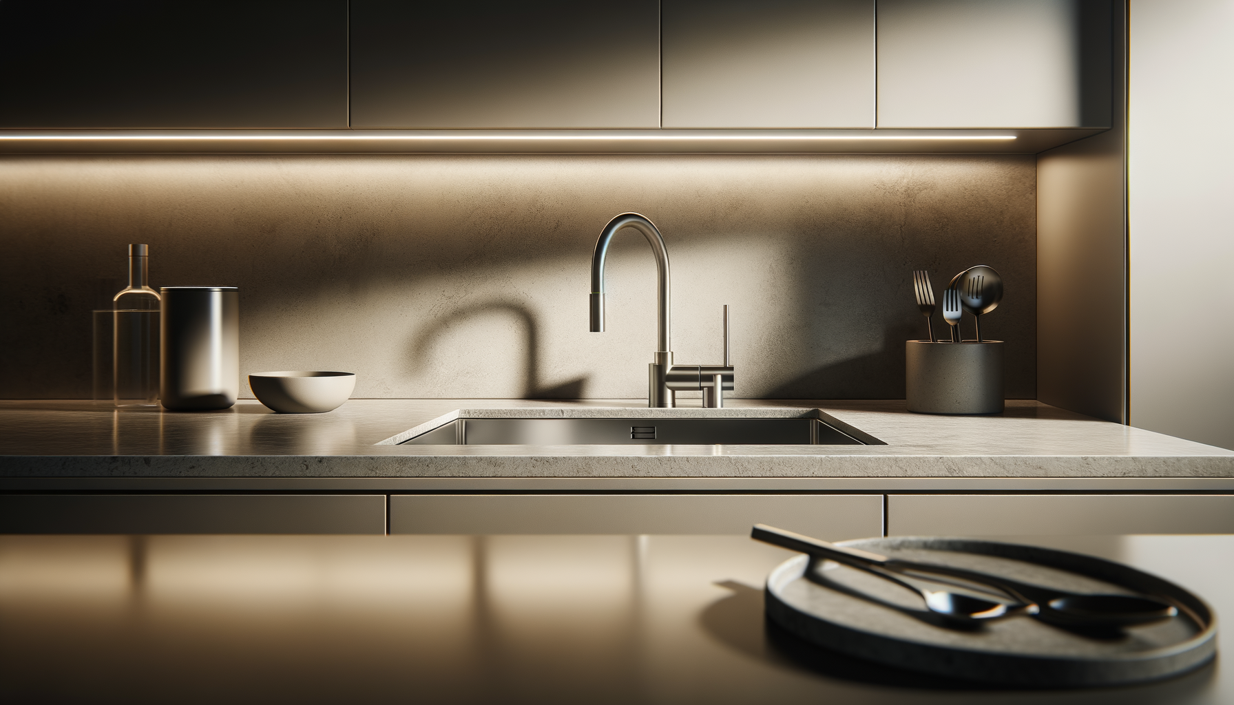 Modern kitchen sink with a sleek faucet, cream-colored countertop, decorative items including bottles and a bowl, and utensils in a container on the right, illuminated by under-cabinet lighting.