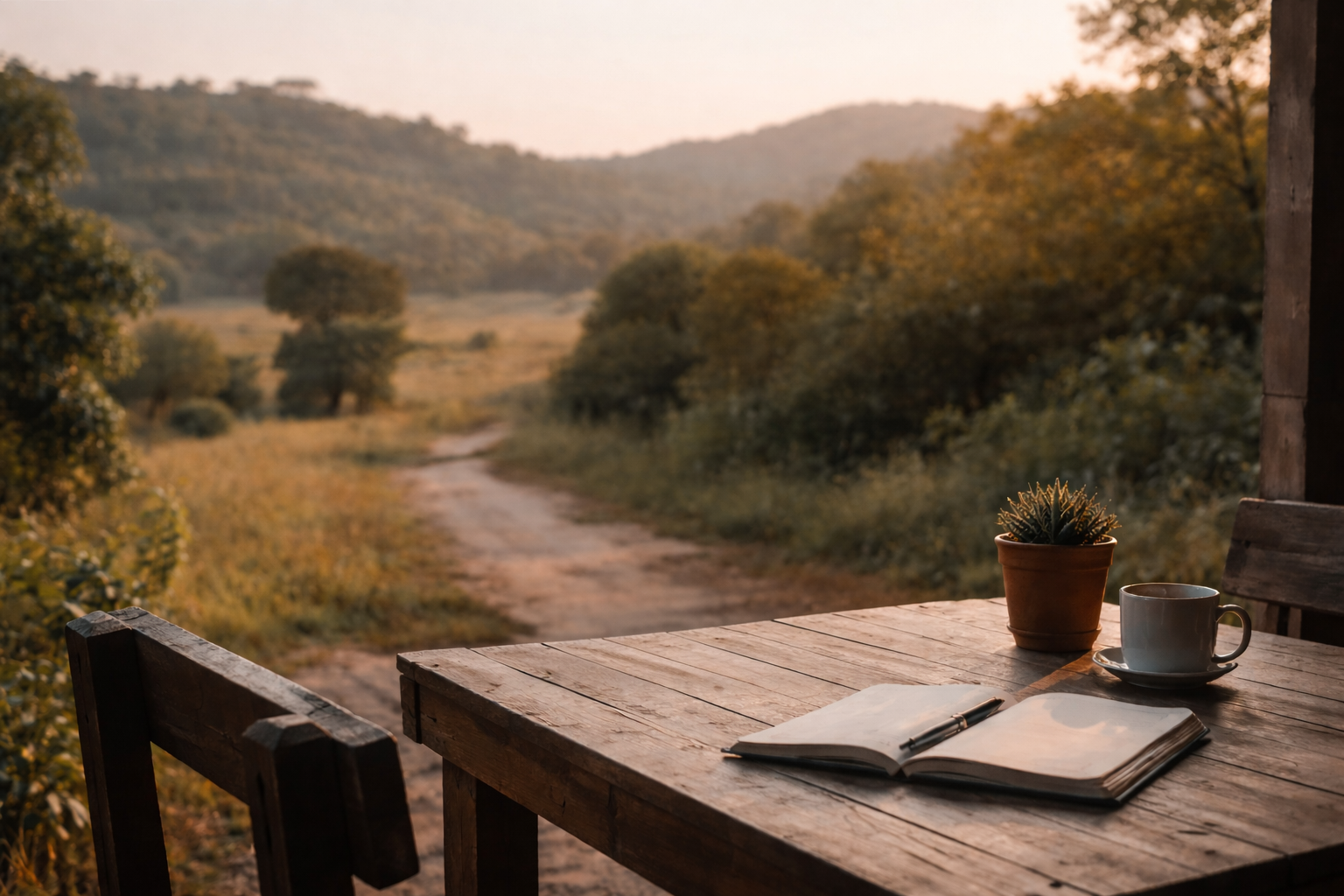 A rustic wooden table with an open book, a pen, a white coffee mug, and a potted plant, set outdoors on a porch overlooking a scenic dirt path through a grassy landscape during sunset.