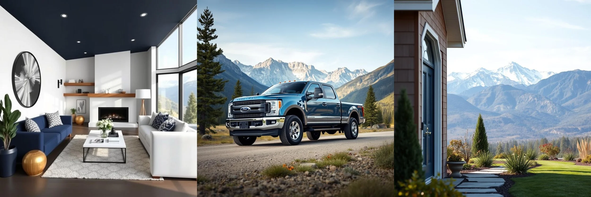 Cozy living room with modern decor, mountain landscape with blue pickup truck, and front porch with mountains in the background. Montana Montana insurance great falls insurance Missoula insurance Kalispell insurance billings insurance