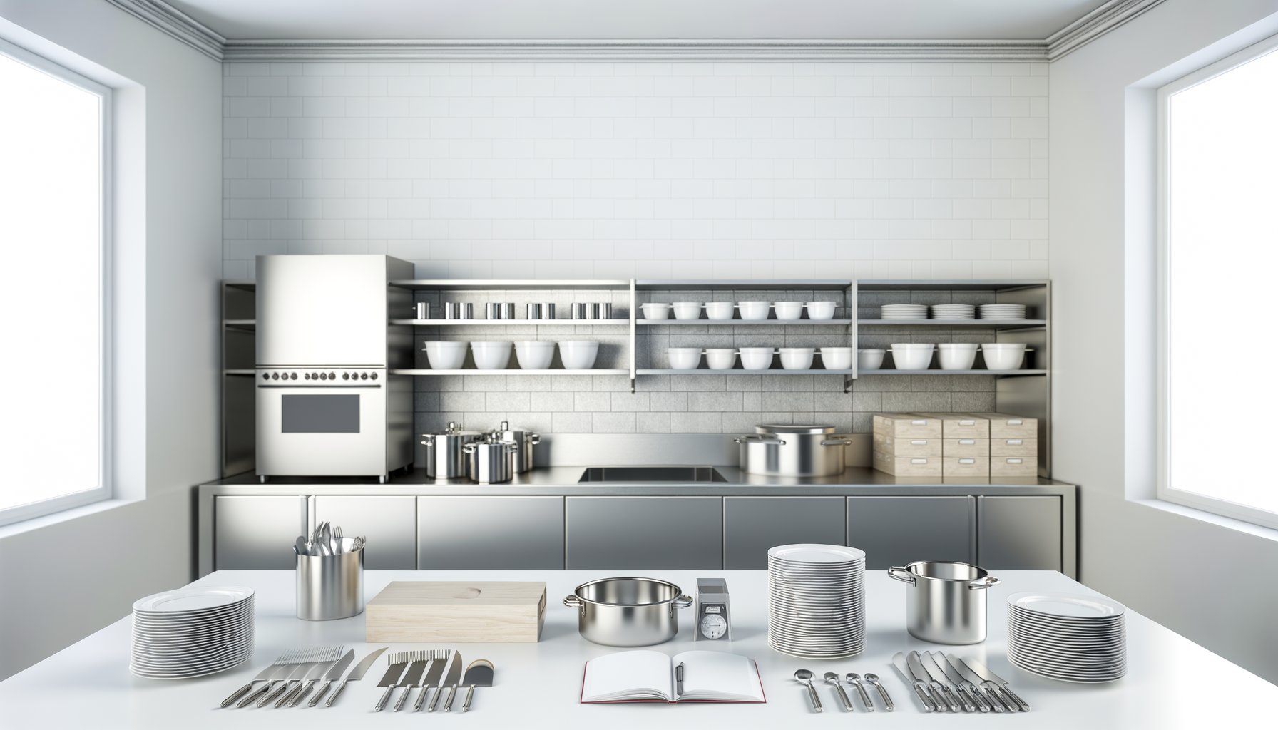 Professional commercial kitchen with open shelving, bowls and plates, and a white countertop. No chef is visible; it is awaiting a culinary entrepreneur to step in and run the kitchen, concept, or restaurant.