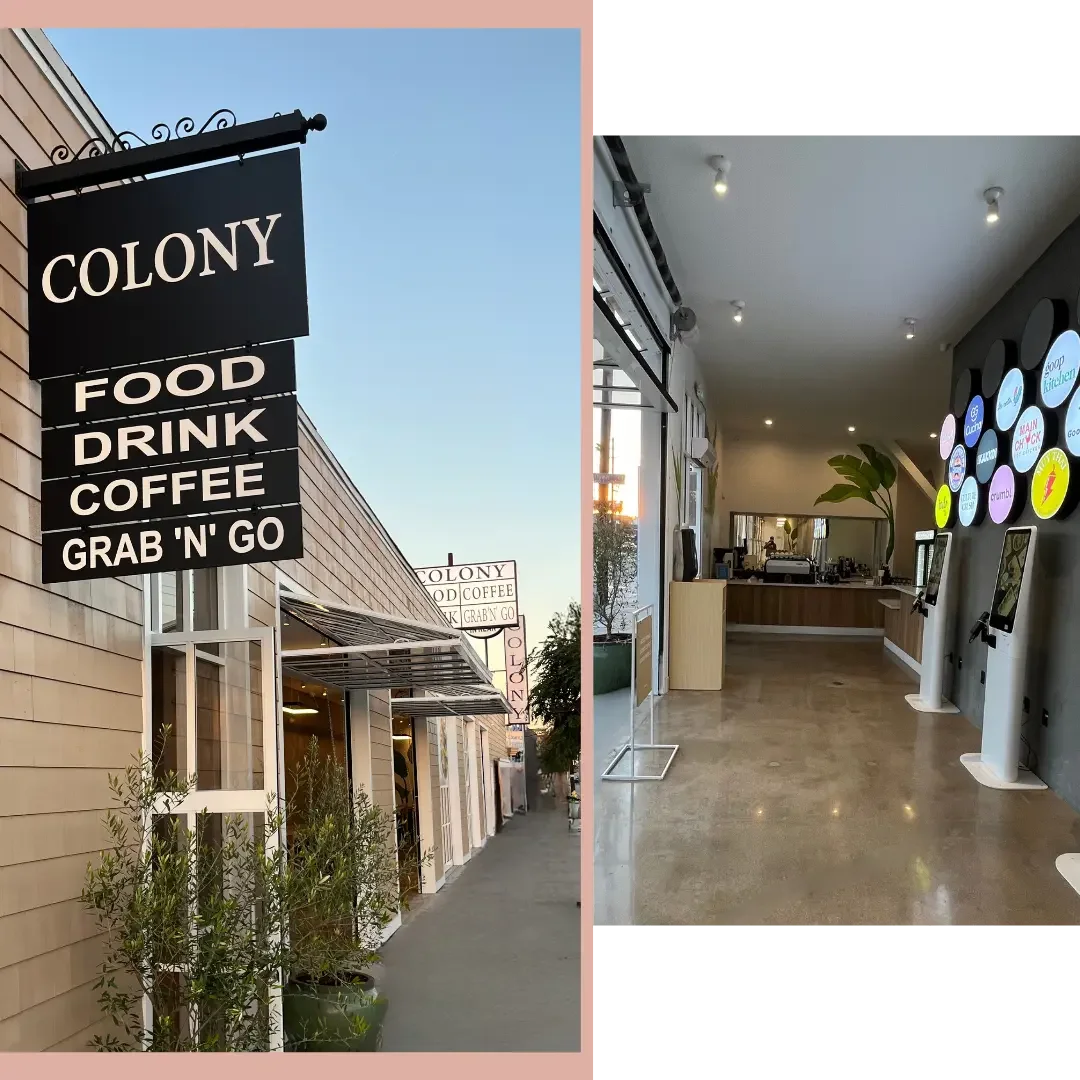 Exterior of a modern quick-serve restaurant named 'Colony' with food, drinks, coffee, and grab 'n' go options; interior view with ordering kiosks, a counter, and colorful signage on the wall.