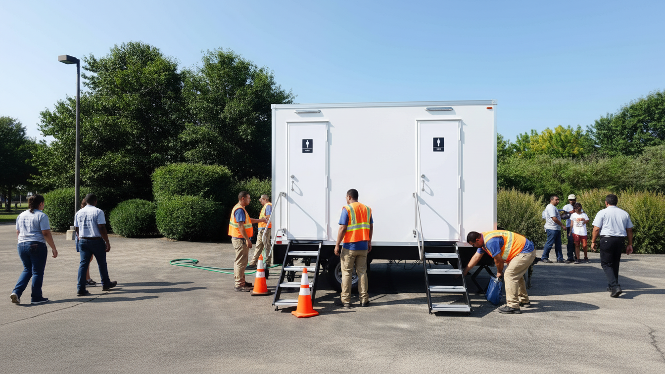 People at an outdoor event standing near a white portable bathroom trailer with two doors, surrounded by trees and bushes.