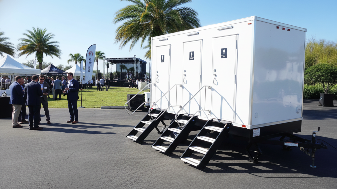 A white mobile restrooms trailer with three doors, each marked with a restroom sign, and black stairs with handrails leading up to each door, set up outdoors on pavement during a sunny event with palm trees and a stage in the background.