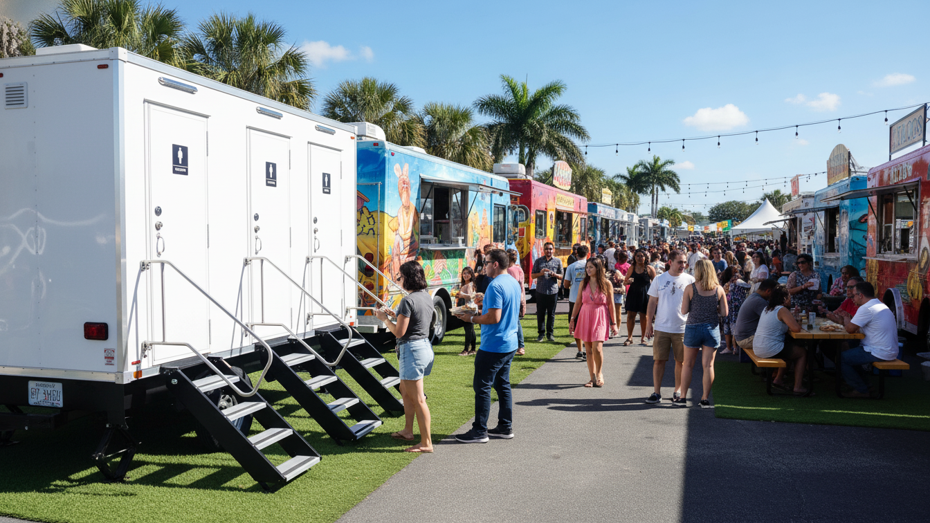 People at an outdoor food truck festival on a sunny day, with colorful trucks and palm trees in the background.