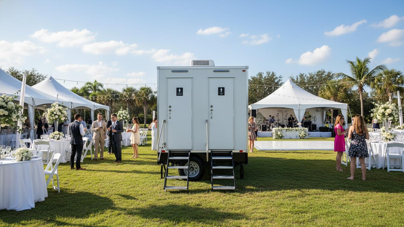 An outdoor event setup with white tents, tables, and floral arrangements on a grassy area under a blue sky with scattered clouds, featuring guests and a stage with live music in the background.