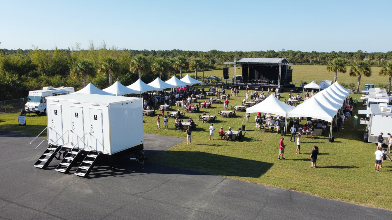 Outdoor event with a stage, white tents, and people seated at tables on a grassy field, with palm trees in the background.