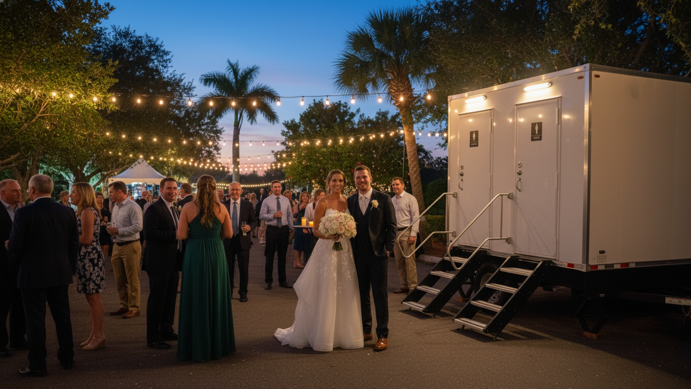 Wedding reception outdoors at dusk with string lights, palm trees, a bride in a white gown holding a bouquet, and a groom in a dark suit. Guests are socializing in the background.