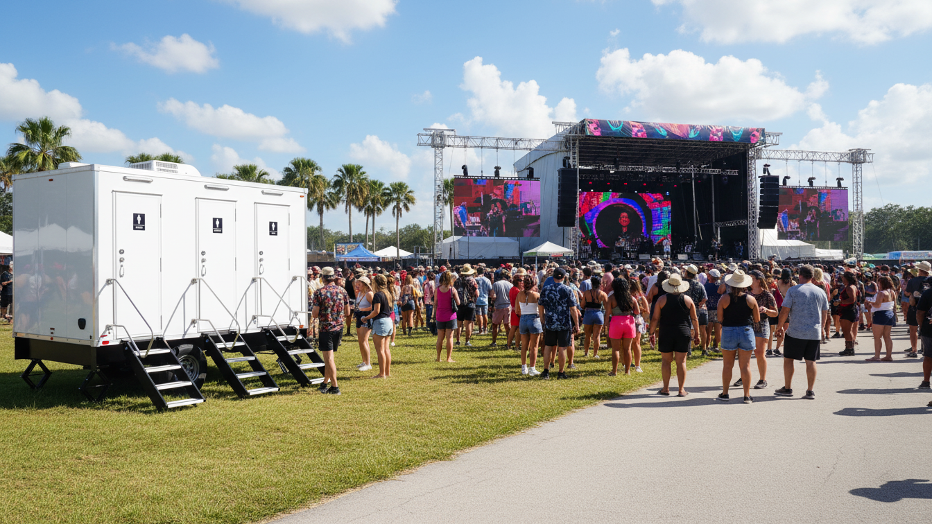 Crowd gathered at an outdoor music festival with a large stage, palm trees in the background, of people wearing summer clothes and hats on a sunny day.