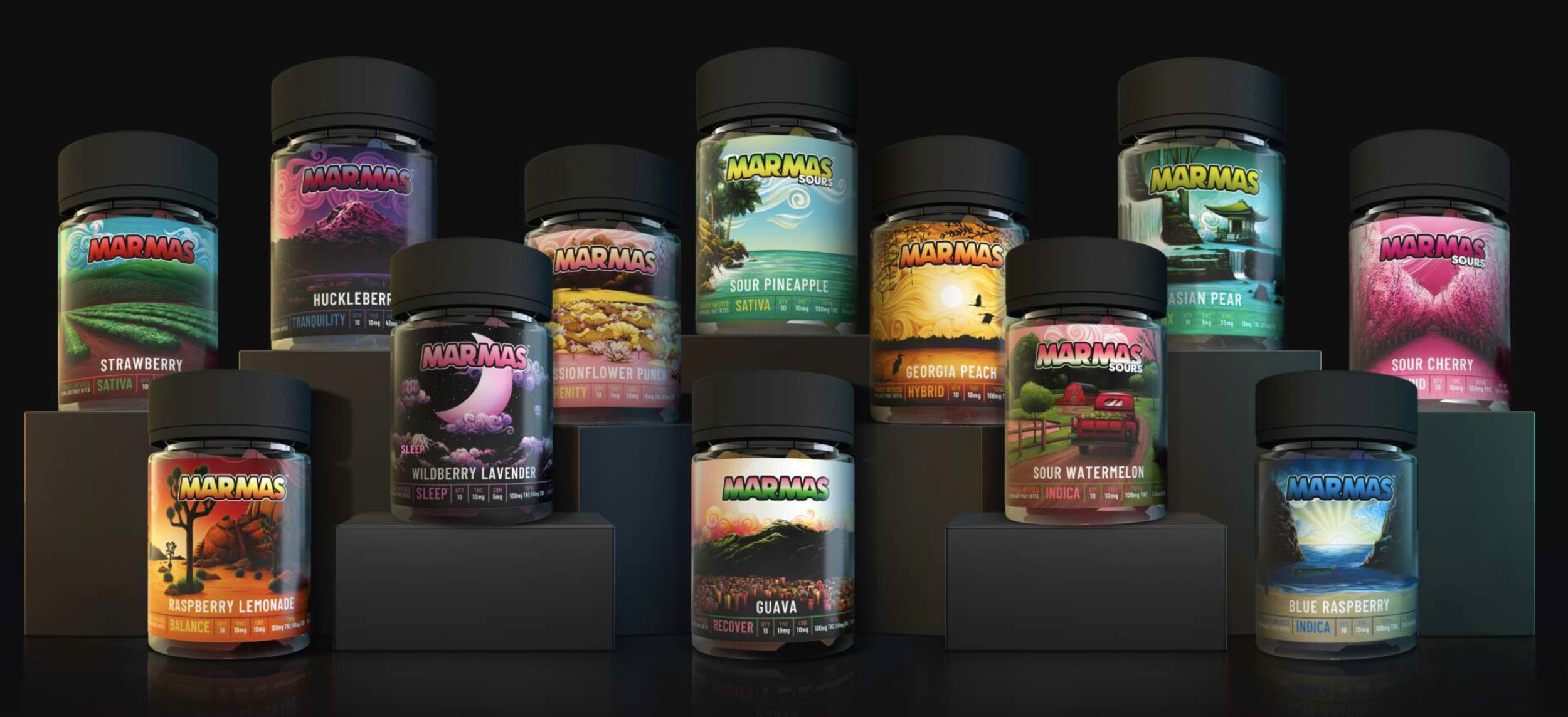 A collection of MARMAS CBD product bottles with colorful labels displaying various flavors and strains, arranged on black platforms against a black background.