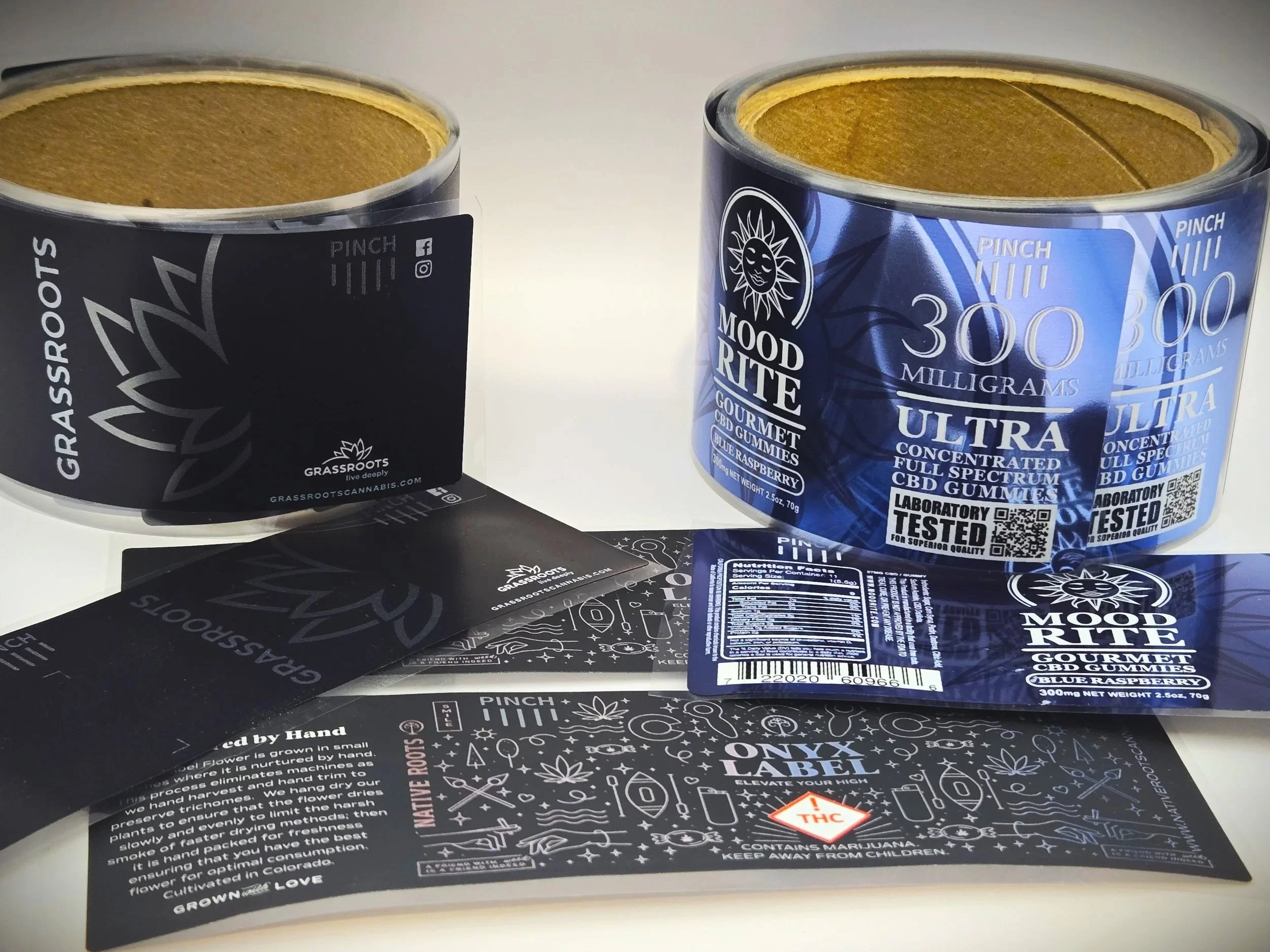 rolls of digitally printed cannabis labels full color foil gloss soft touch matte cbd gummies