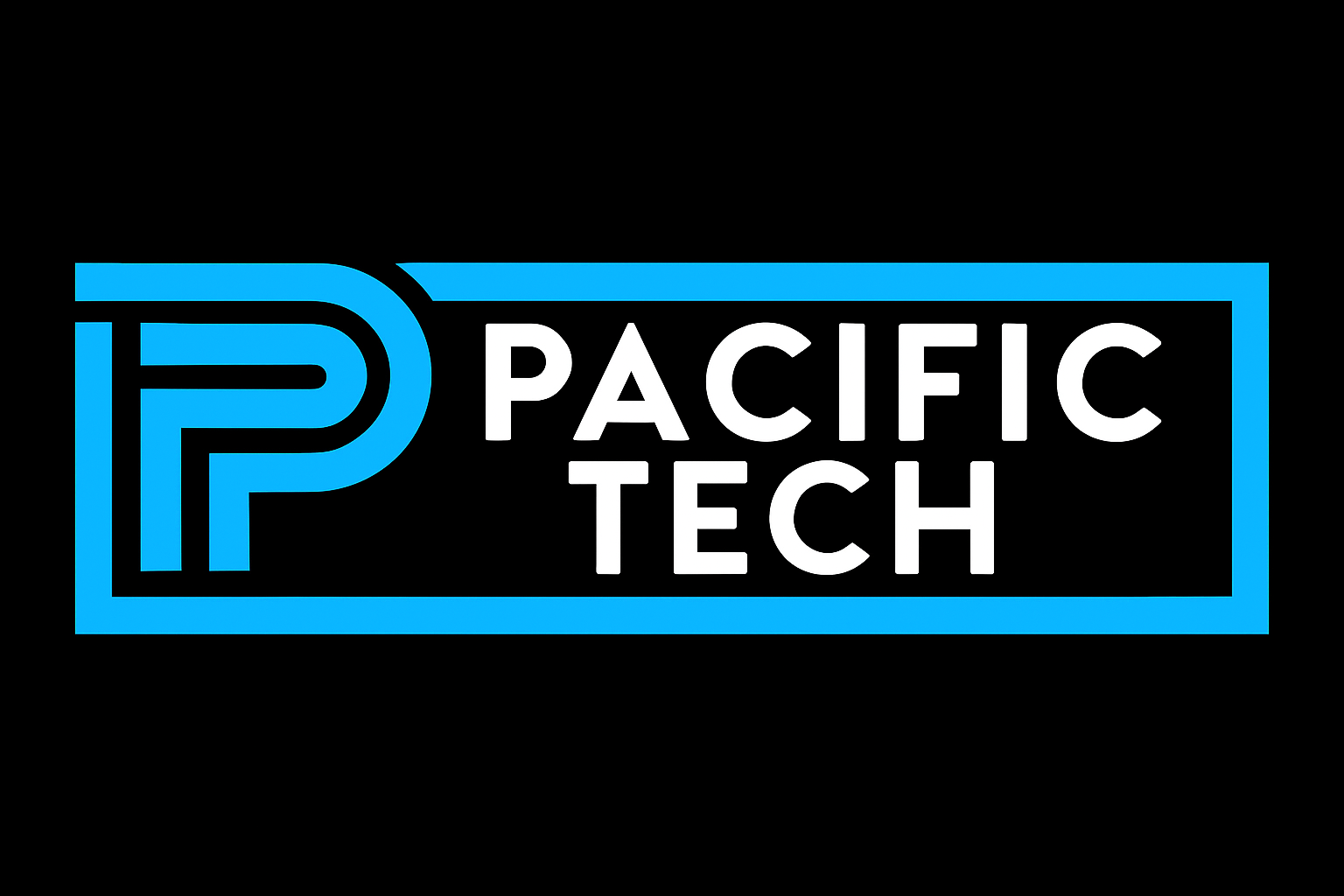 Neon sign reading 'Pacific Tech' with a stylized 'P' logo in blue on a black background.
