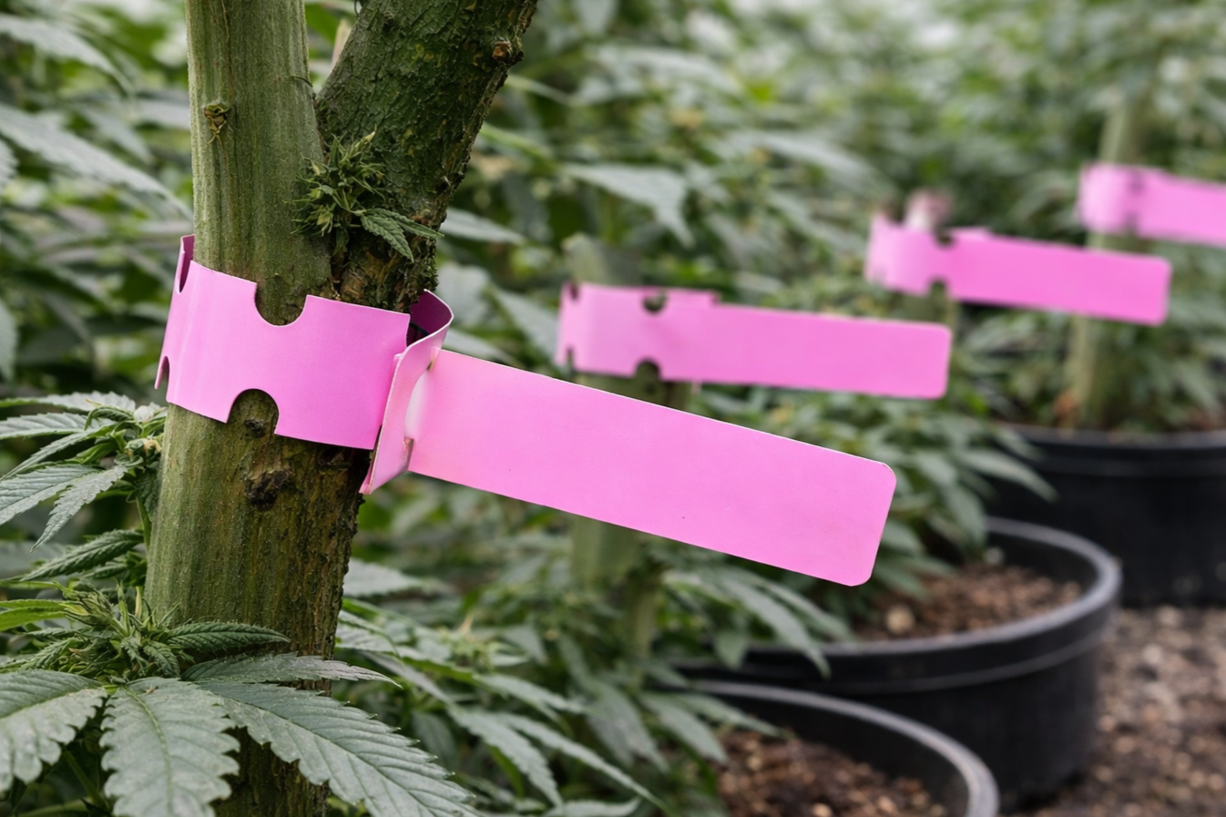 Close-up of a cannabis plant in a greenhouse with pink plant tags attached to the stem for identification.