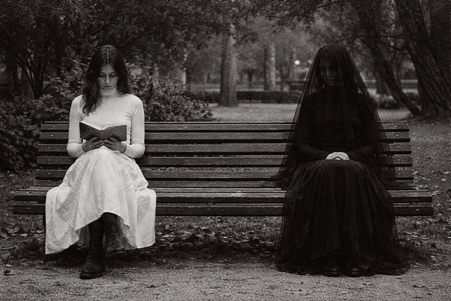 Two women sit on a park bench, one reading a book, the other wearing a veil covering her face. The scene is in black and white with trees and foliage in the background.