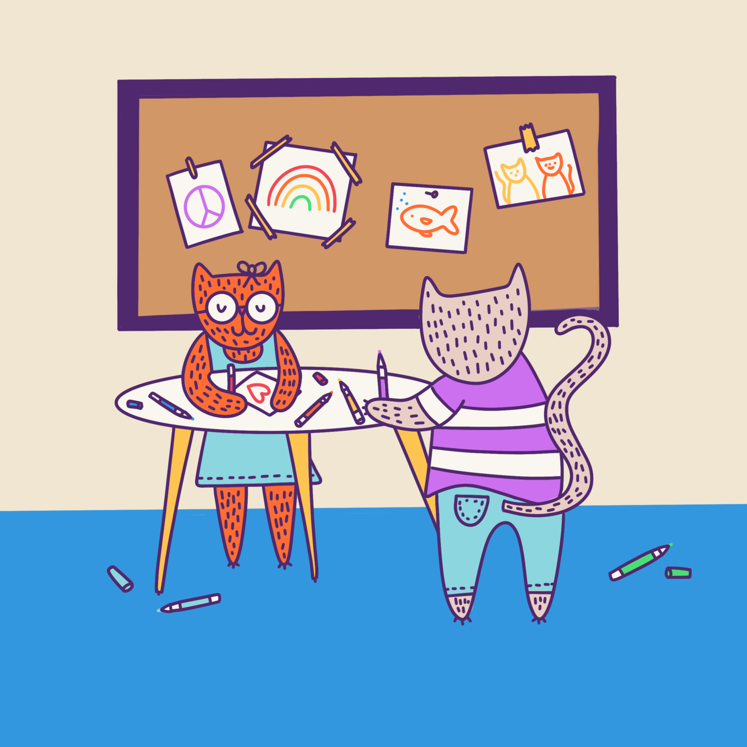 Cats at school drawing and coloring