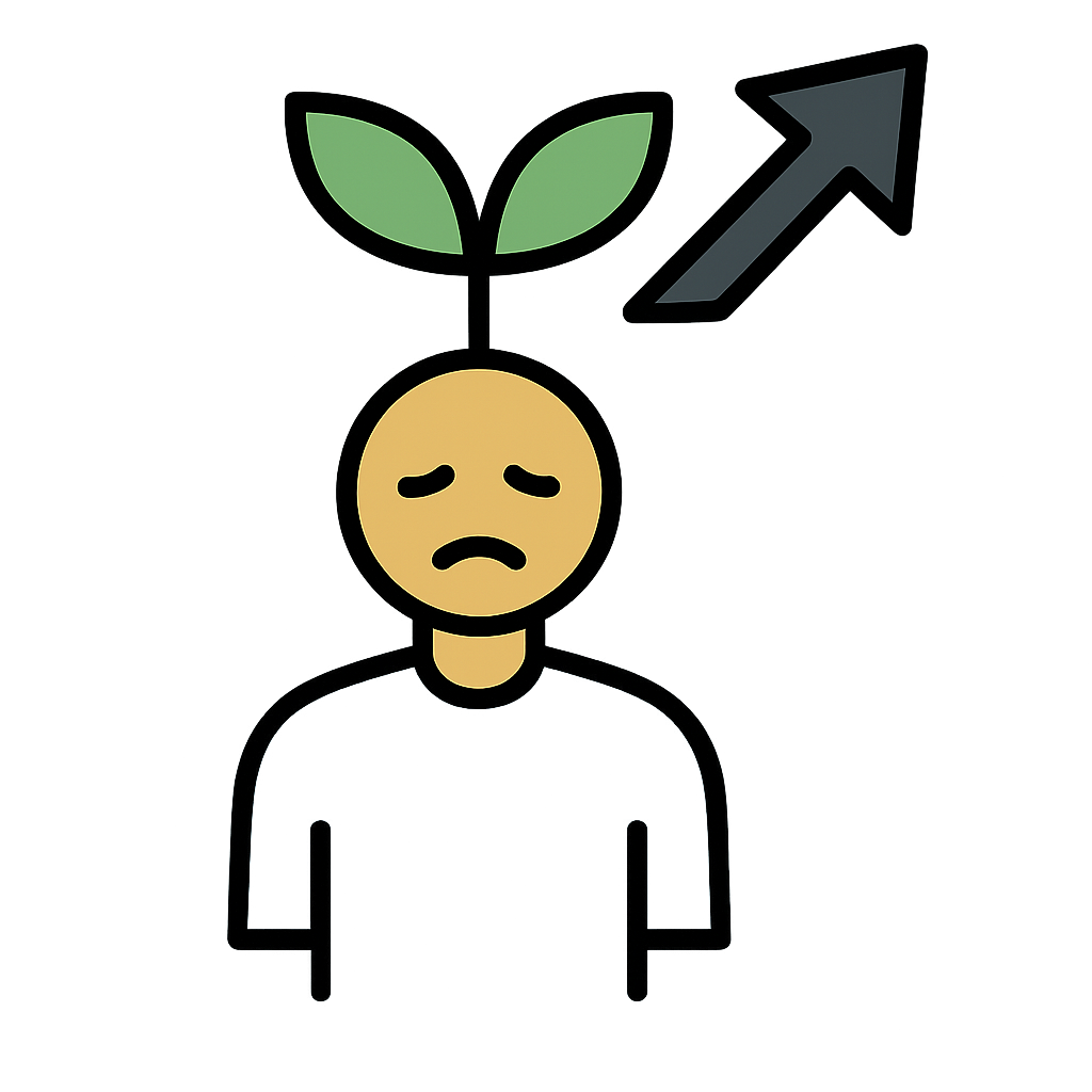 A cartoon illustration of a sad person with a plant growing from their head, and an upward arrow in the background symbolizing growth or progress.