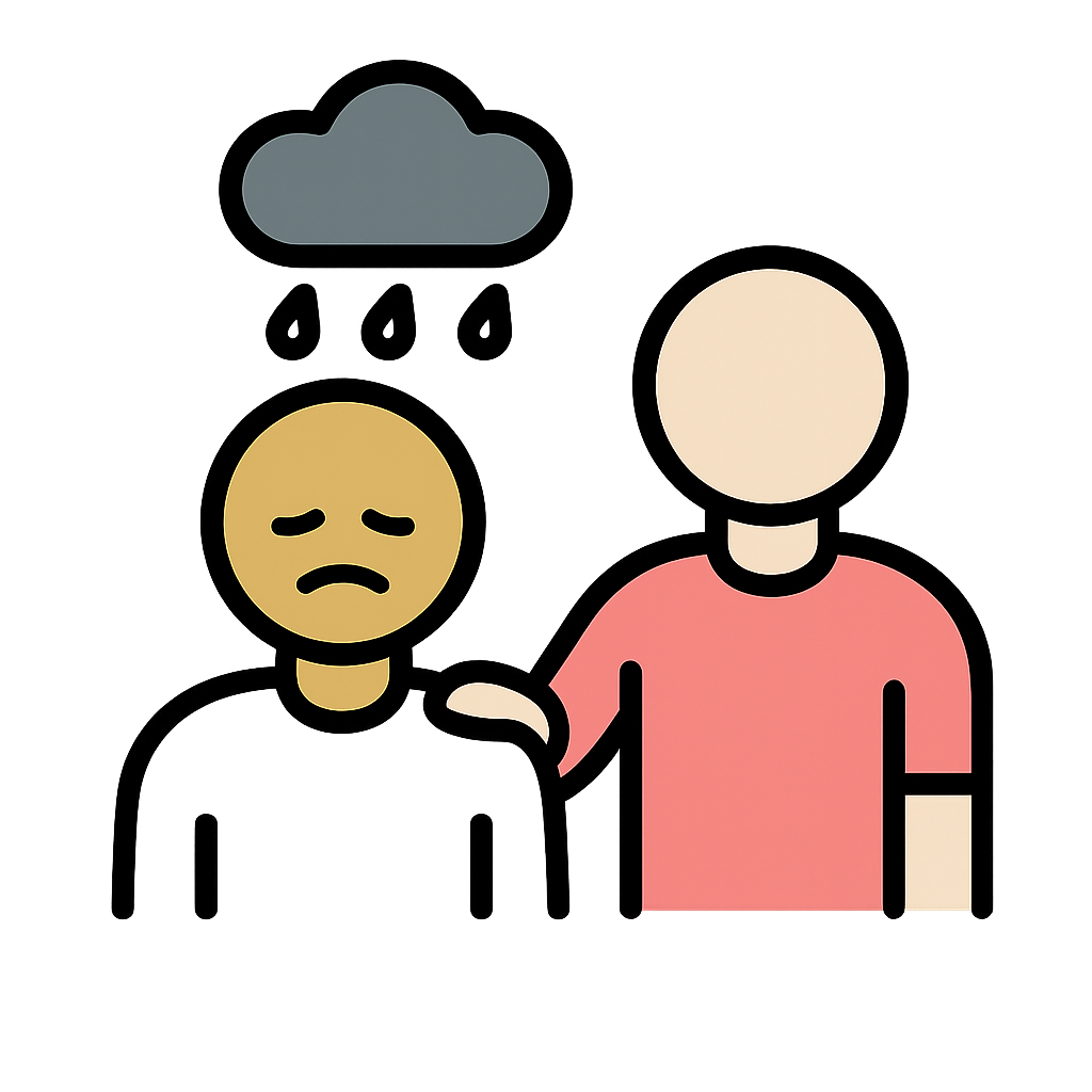 An illustration of a person comforting another person who looks sad, with a cloud and raindrops above them.