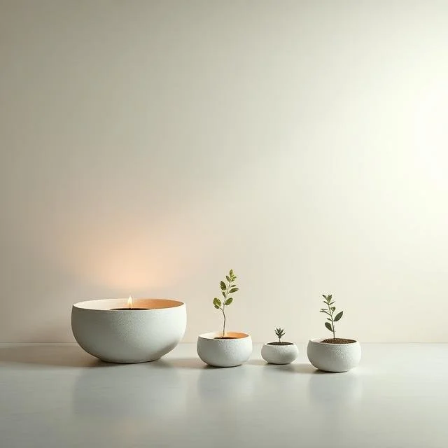 Four small white planters with small green plants, arranged in a row with a larger white bowl with a lit candle on the left, on a white surface against a light background.