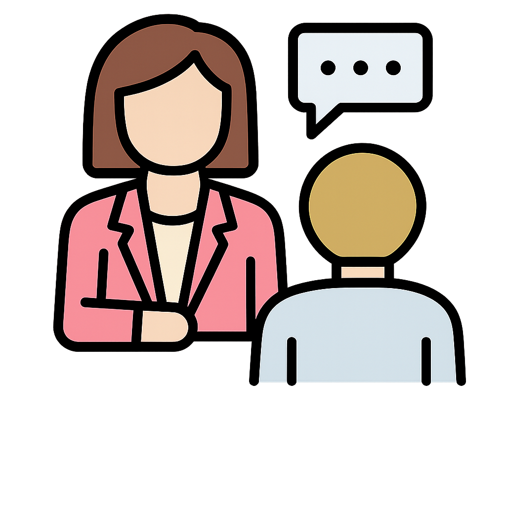 Illustration of two people in conversation, one woman with shoulder-length brown hair wearing a pink blazer, and one person with a bald head, and a speech bubble with three dots indicating talking.