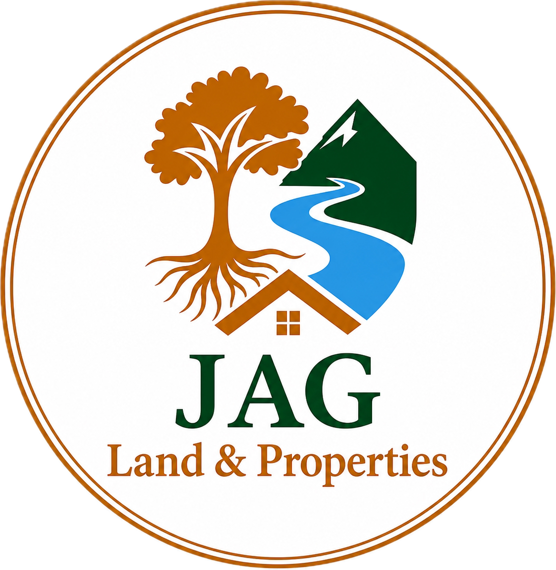 Logo for JAG Land & Properties featuring a tree with roots, a mountain, a river, and a house roof with windows.