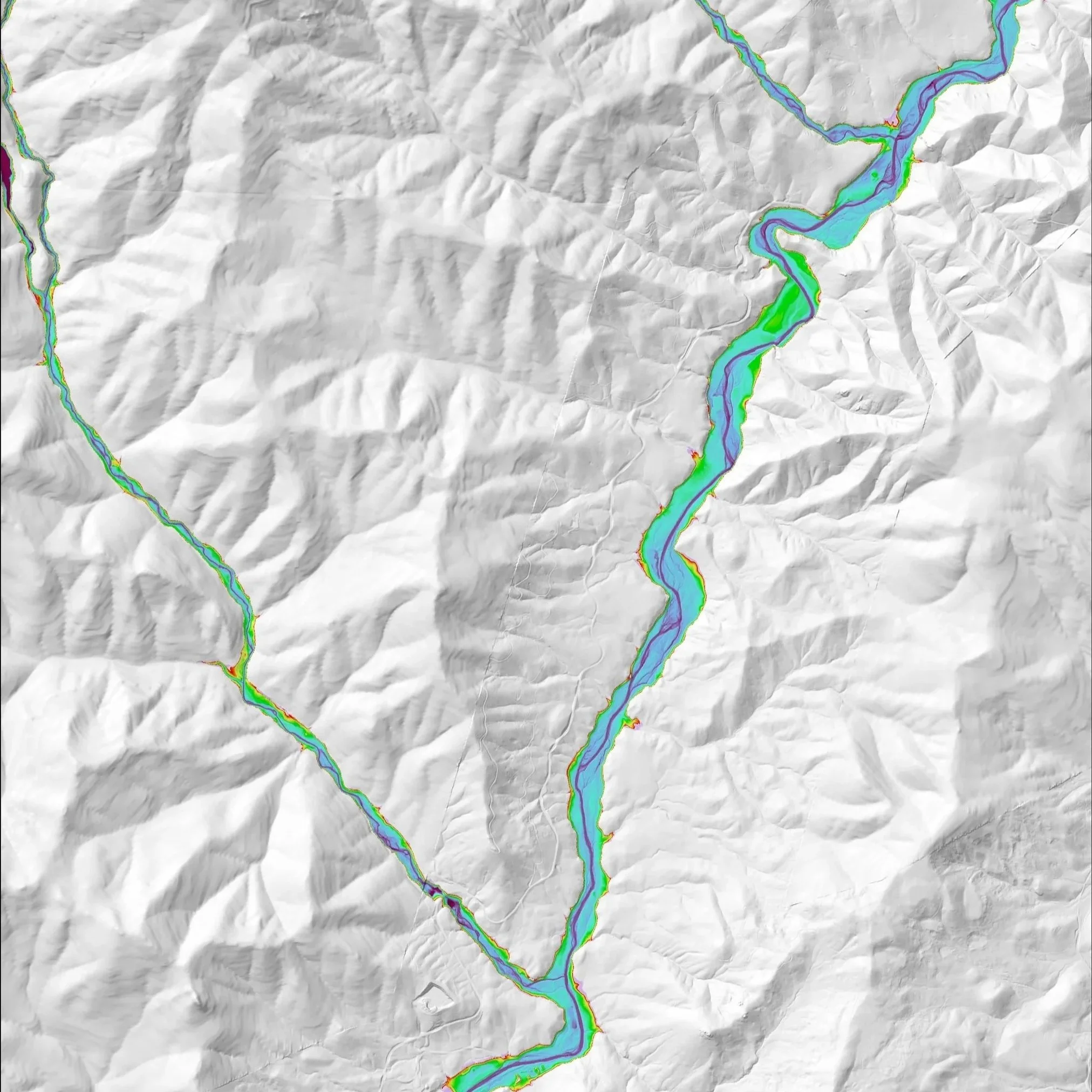 Topographical map showing a river winding through mountainous terrain with colored contour lines.