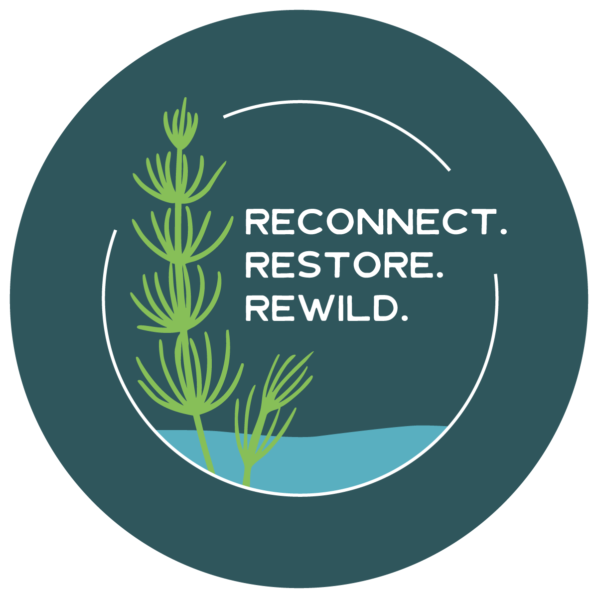 A circular logo with a dark teal background featuring a simple illustration of a green plant and the text 'RECONNECT. RESTORE. REWILD.' in white.