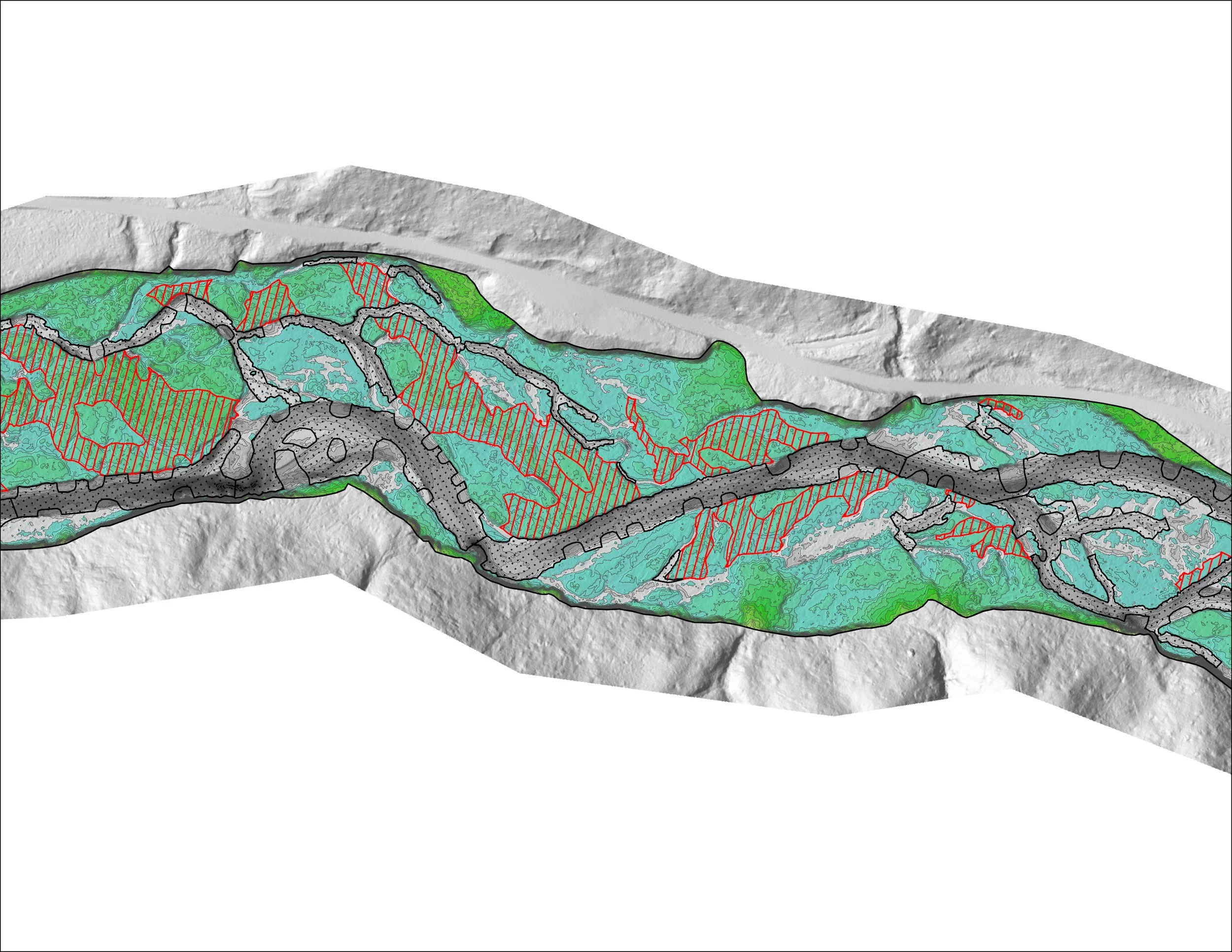 A 3D topographical map of a terrain with contour lines, shaded areas in green, blue, and gray, and red-striped zones indicating specific regions or features.