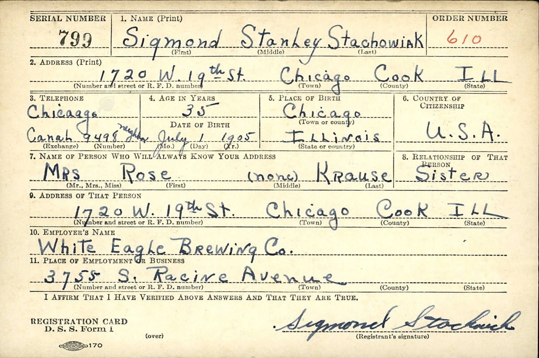 World War Two Draft Registration Card