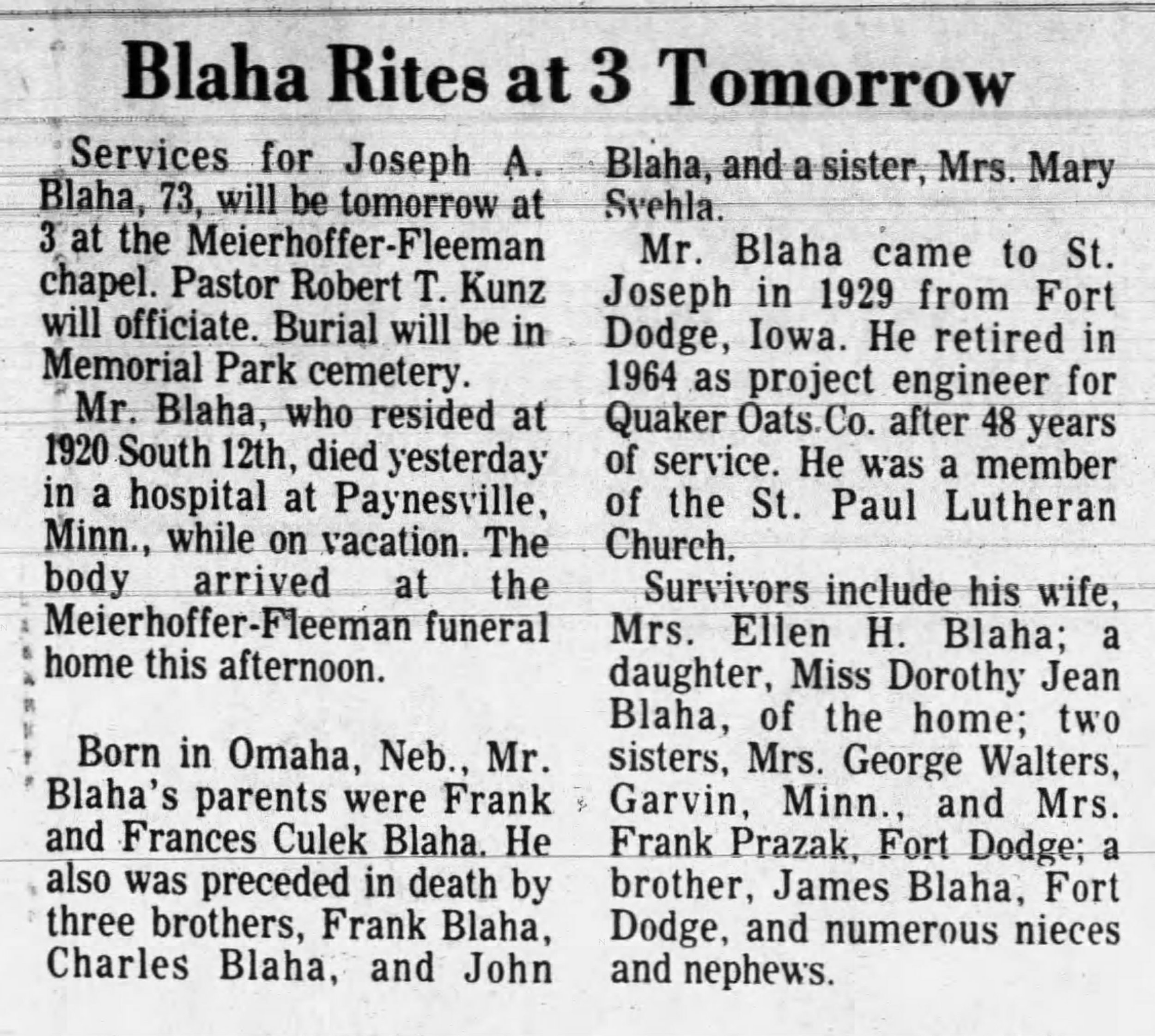 Obituary Newspaper Article from 1974