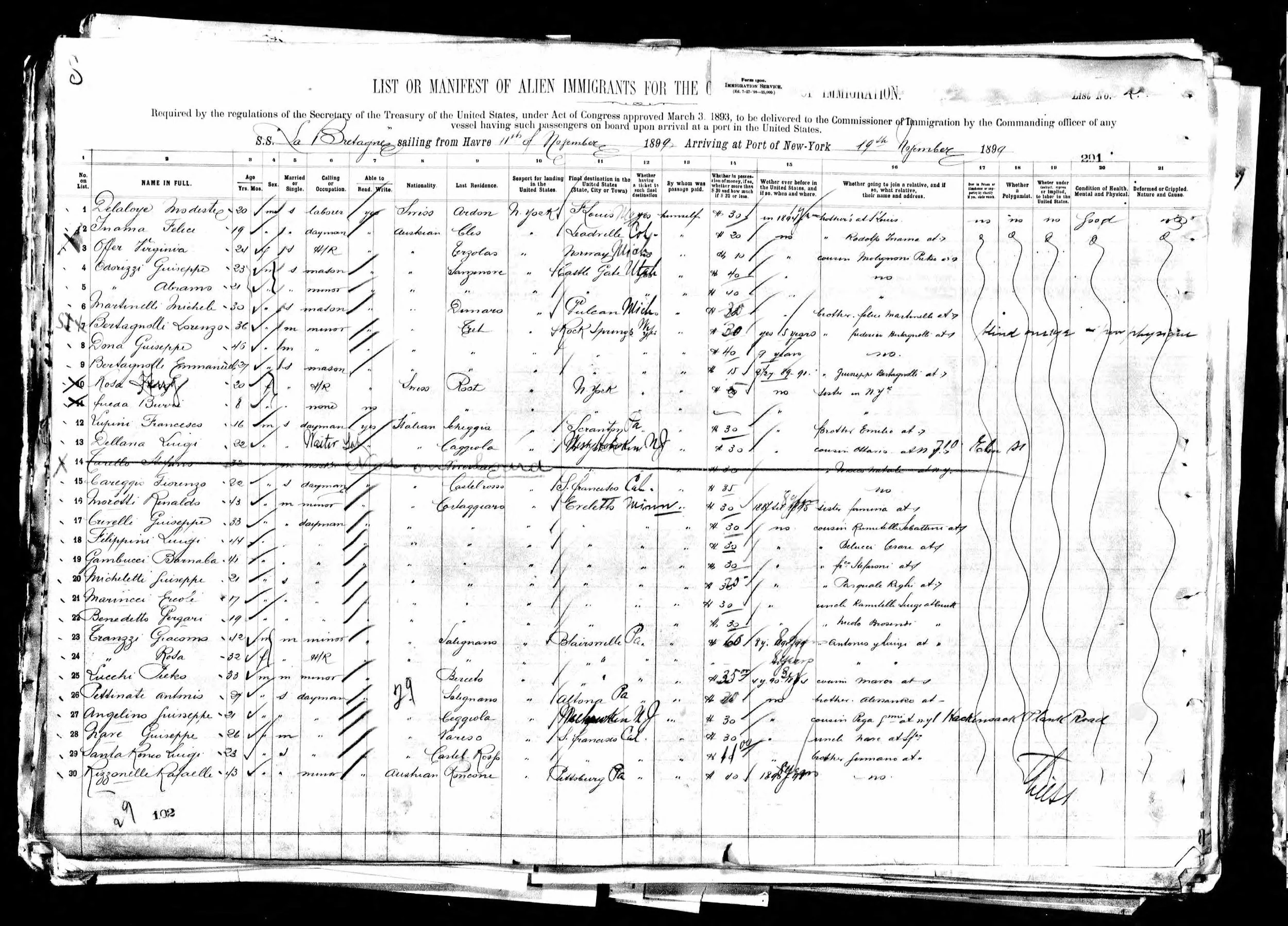 1899 Ellis Island Passenger Manifest
