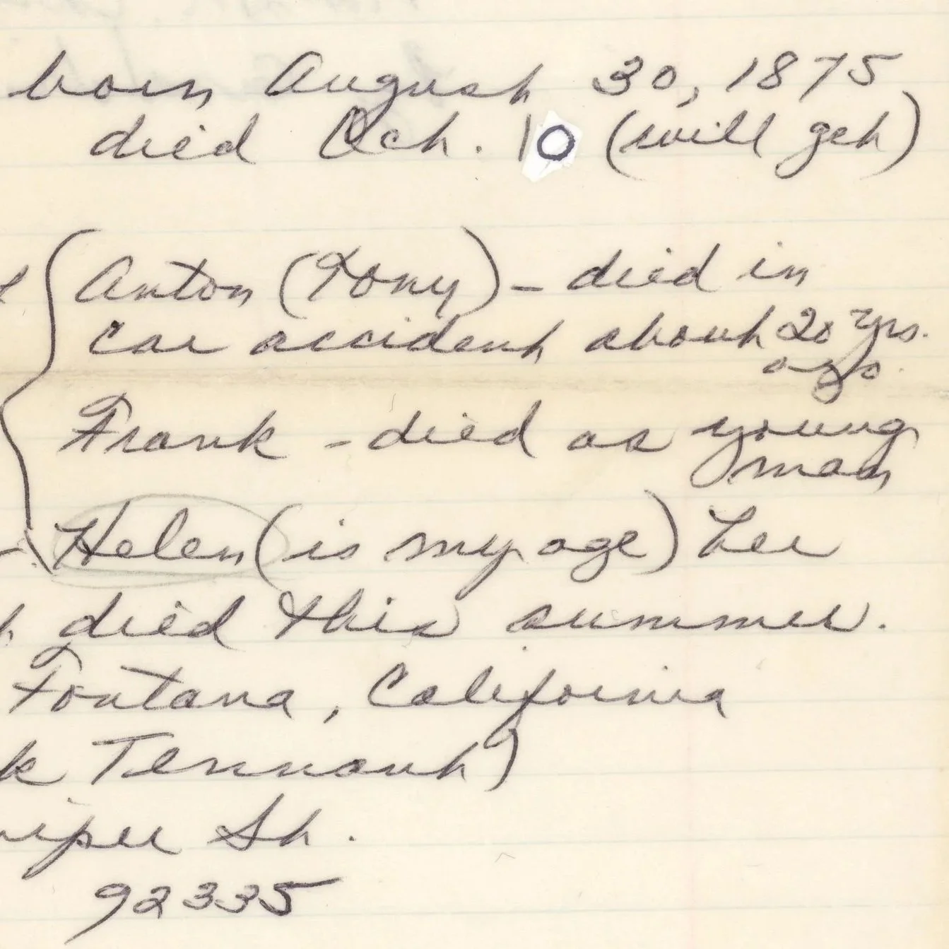 Handwritten notes about people who died, including names and ages, mentioning home, death dates, and locations such as Montana and California.