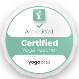 Accreditation Badge in green from Yoga Pros stating Accredited, Certified Yoga Teacher