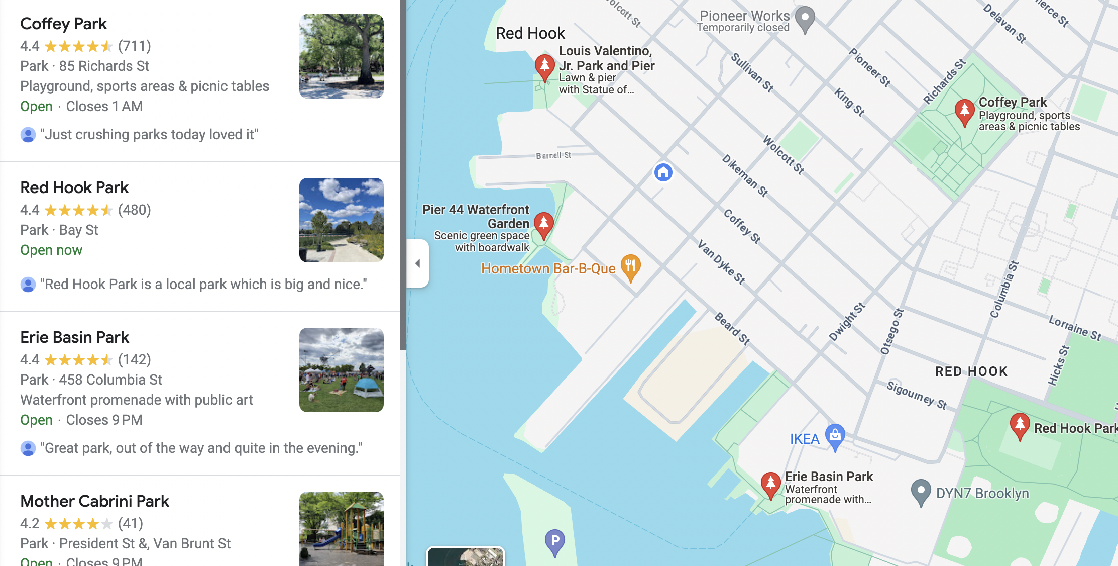 Map showing parks and waterfront areas in Brooklyn, including Coffey Park, Red Hook Park, Erie Basin Park, and Mother Cabrini Park, with icons for points of interest and surrounding streets.