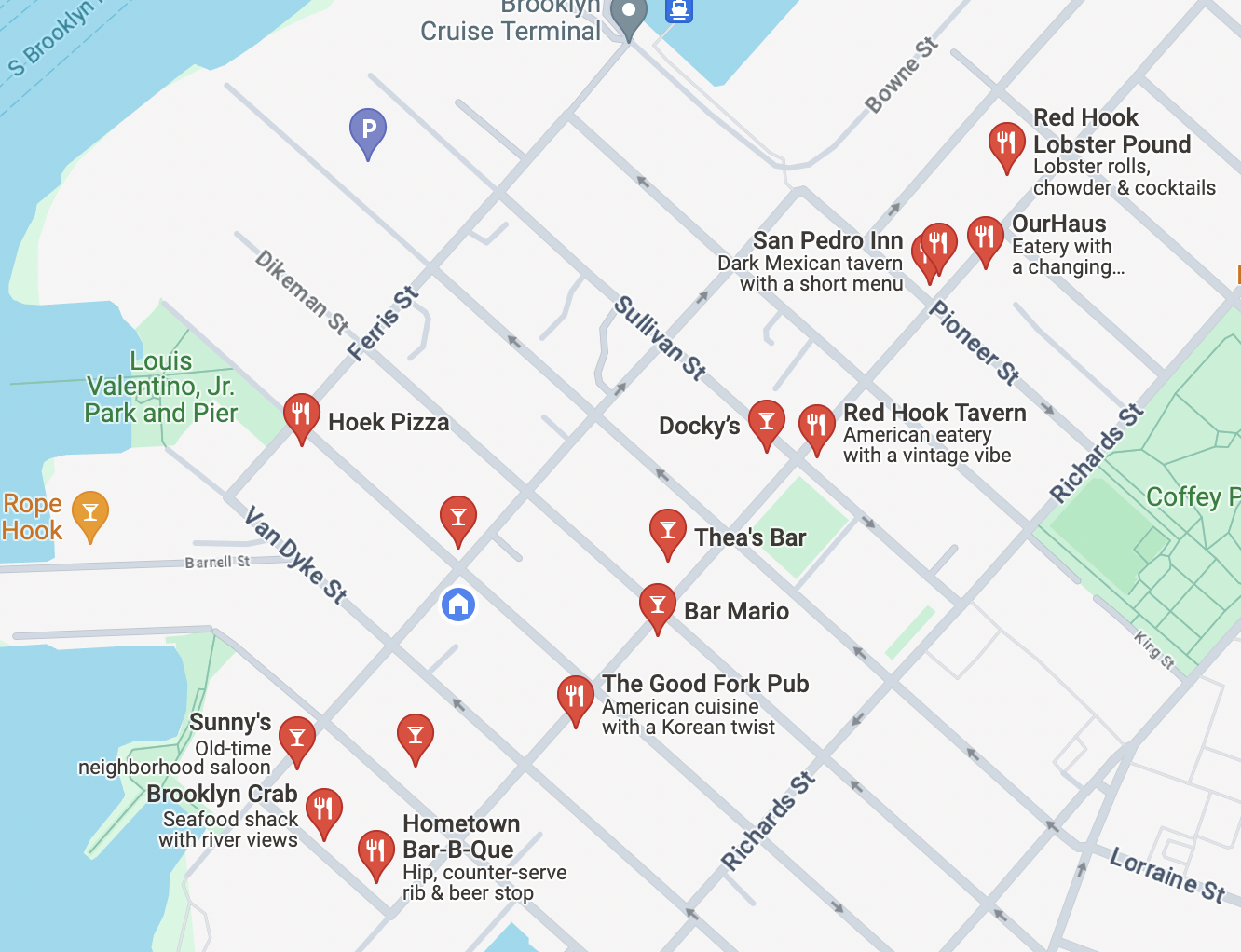 Map of a neighborhood highlighting various restaurants, bars, parks, and points of interest in Brooklyn, New York, including Brooklyn Crab, Sunnys, Hometown Bar-B-Q, and Louis Valentino Jr. Park and Pier.