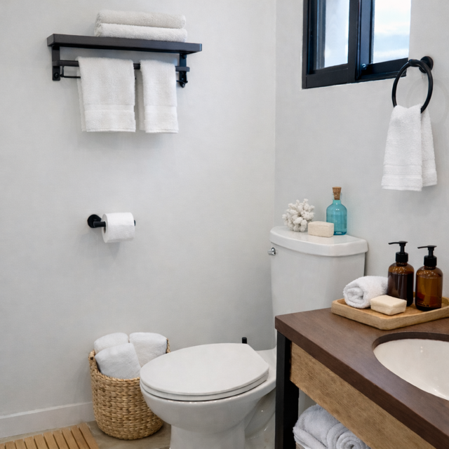 A calm, spa-inspired bathroom with natural textures and soft light