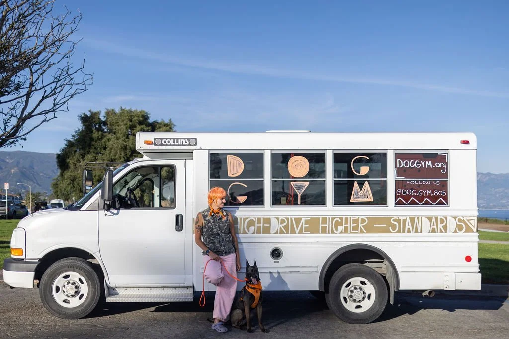 Person with orange hair standing next to a dog at a white dog grooming mobile van with sign promoting dog gym  and social media handles, in a park with mountains in the background.